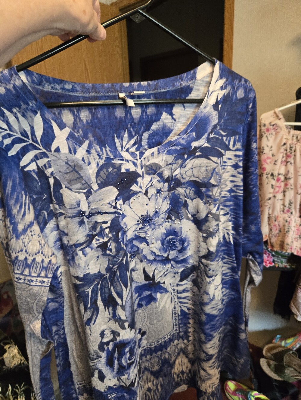 Blue Floral V-Neck Women's Top